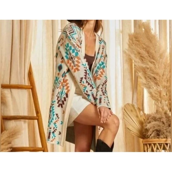 SAVANNA JANE Let's Get It Cream Open Front Knit Aztec Cardigan Sweater Boho S - Picture 3 of 10
